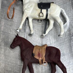 Vintage Flocked Plastic Horse and Saddle Figures Stallion Lot of 2 White Brown